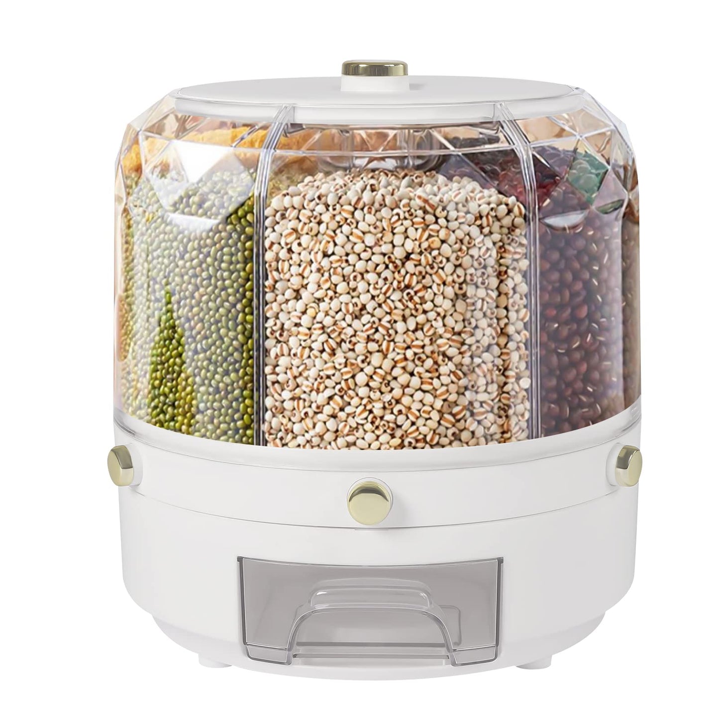 Premium 360° Rotating 6-Grid Grain Dispenser – One-Touch Cereal & Rice Organizer